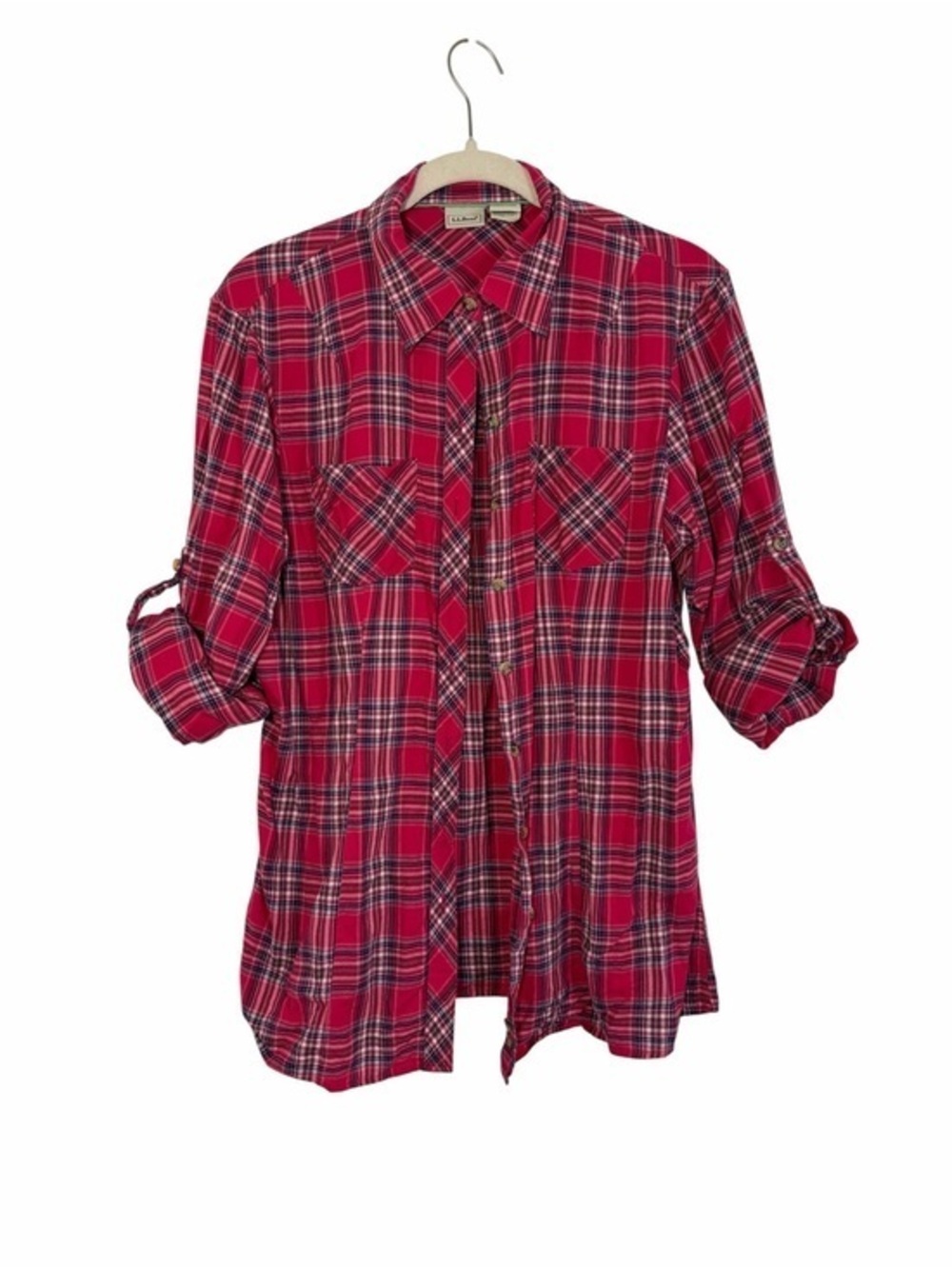 L.L.Bean Red Plaid Cotton Shirt Lagen Look Roll Tab Sleeve Size Small Pockets